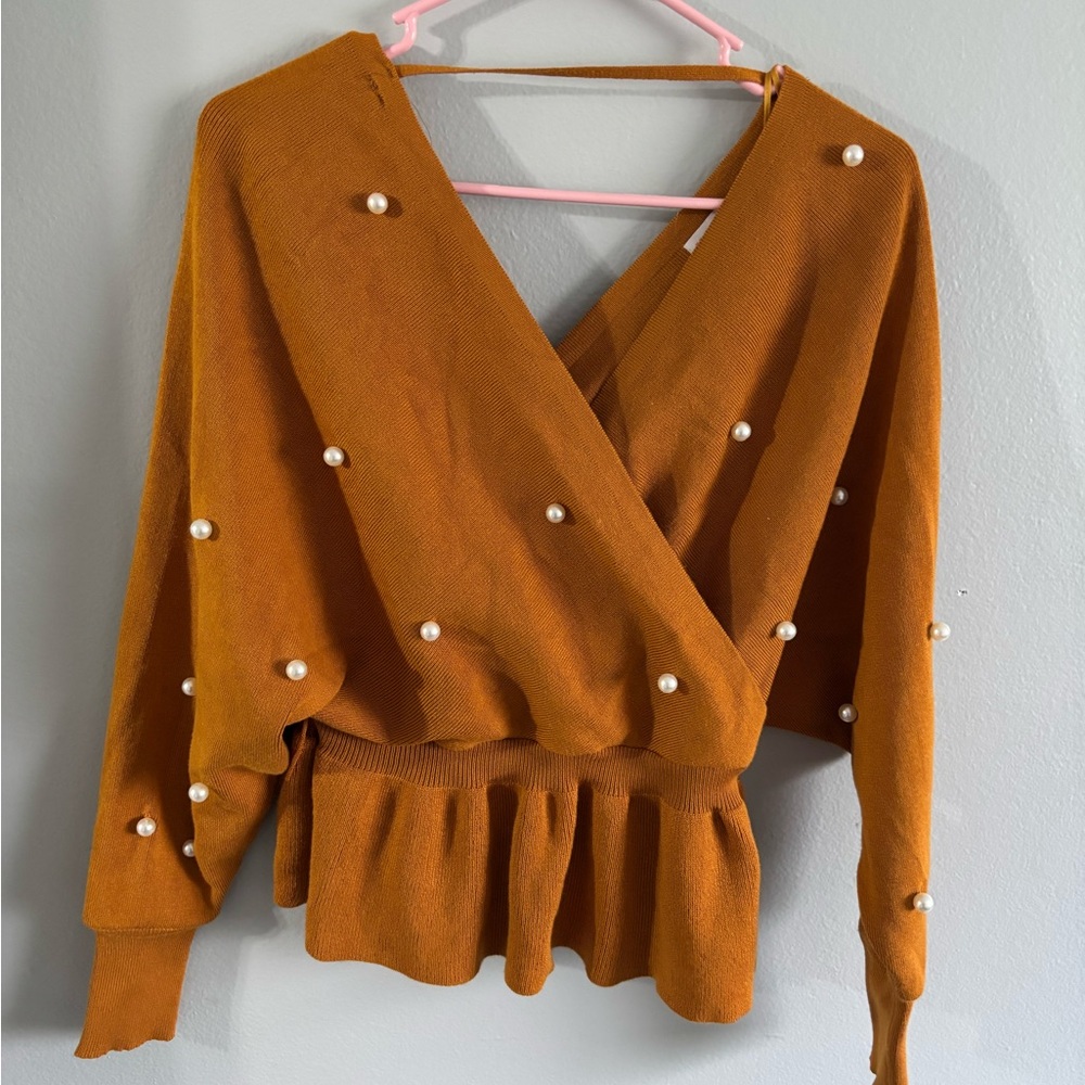 2/$10 Hwa apparel Rust Orange Sweater with Pearl Accents